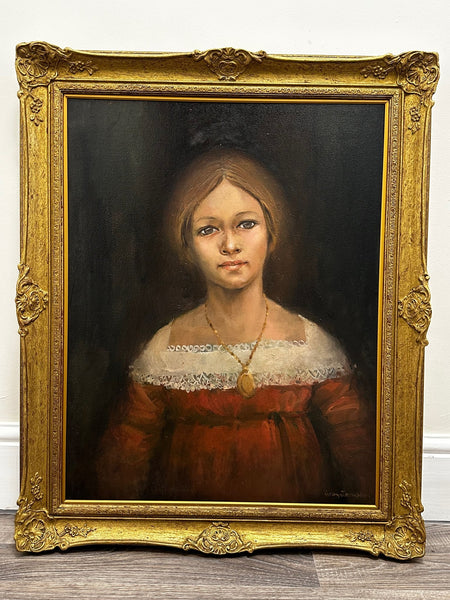 Oil Painting Portrait Lady Red & White Lace Dress Wearing Locket - Cheshire Antiques Consultant
