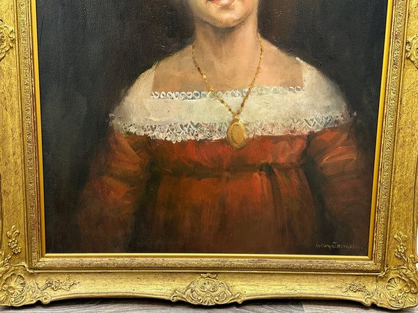 Oil Painting Portrait Lady Red & White Lace Dress Wearing Locket - Cheshire Antiques Consultant