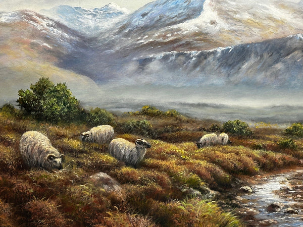 Oil Painting Scottish Highlands Sheep Grazing Ben Nevis By Wendy Reeves - Cheshire Antiques Consultant