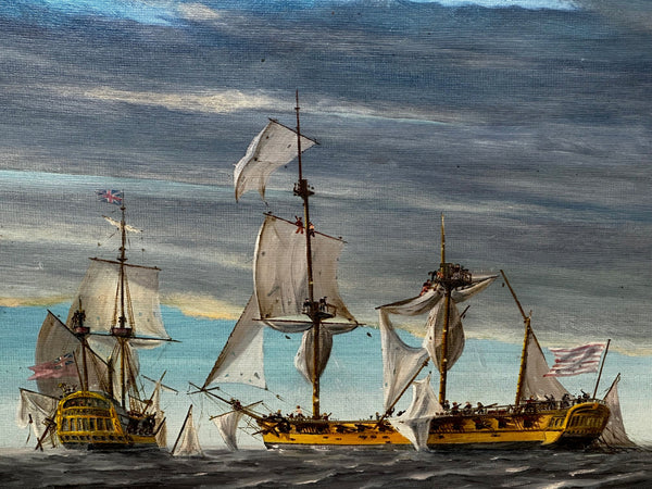 Oil Painting Ships American War Of Independence HMS Watt USS Trumbull Fight To A Draw - Cheshire Antiques Consultant