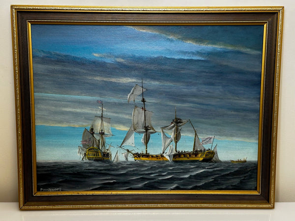 Oil Painting Ships American War Of Independence HMS Watt USS Trumbull Fight To A Draw - Cheshire Antiques Consultant