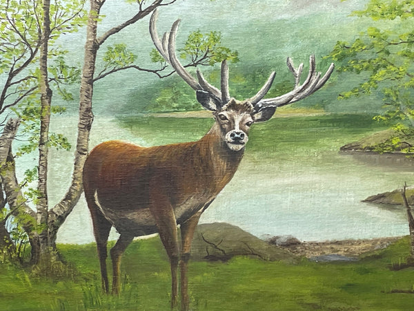 Oil Painting Stag Old Google Eyes Scottish Highlands Loch Morlich - Cheshire Antiques Consultant