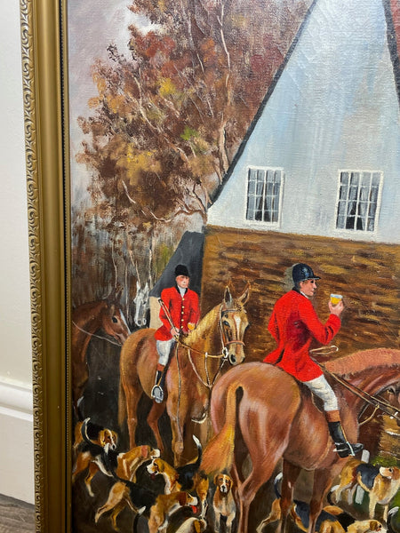 Oil Painting "The Stirrup Cup" Harby Hunting Horses Gathered Scent Hounds & Riders - Cheshire Antiques Consultant