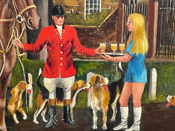 Oil Painting "The Stirrup Cup" Harby Hunting Horses Gathered Scent Hounds & Riders - Cheshire Antiques Consultant
