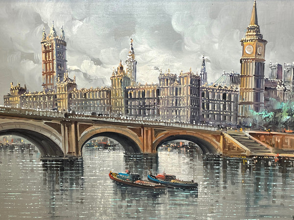 Oil Painting Westminster Bridge Houses Of Parliament & Big Ben By Antonio Devity - Cheshire Antiques Consultant
