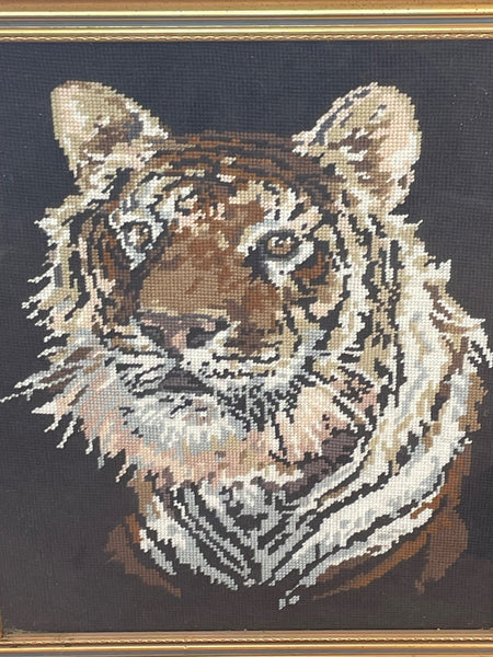 Original Artwork Framed Embroidered Tiger Face Head Portrait Tapestry - Cheshire Antiques Consultant