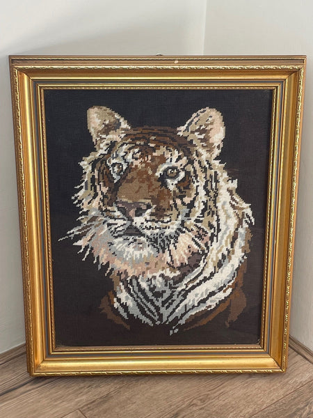 Original Artwork Framed Embroidered Tiger Face Head Portrait Tapestry - Cheshire Antiques Consultant