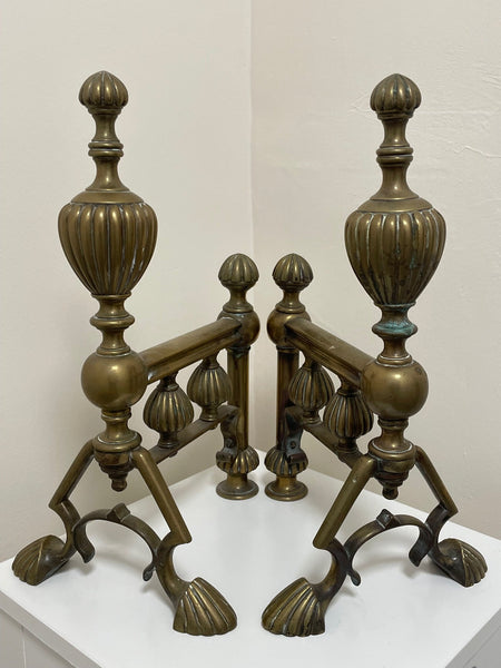 Pair 19th Century Victorian Brass Fire Dogs Reeded Andirons - Cheshire Antiques Consultant