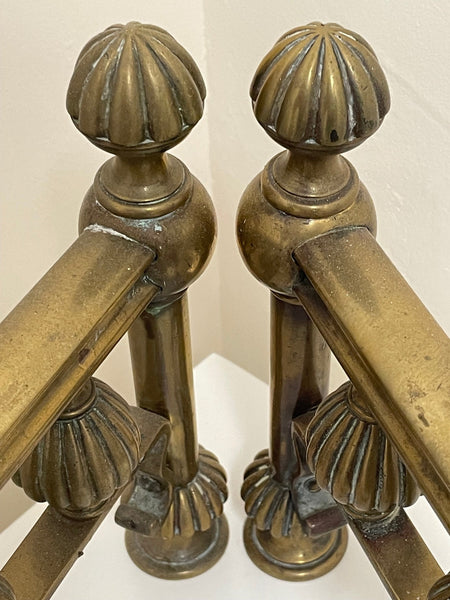 Pair 19th Century Victorian Brass Fire Dogs Reeded Andirons - Cheshire Antiques Consultant