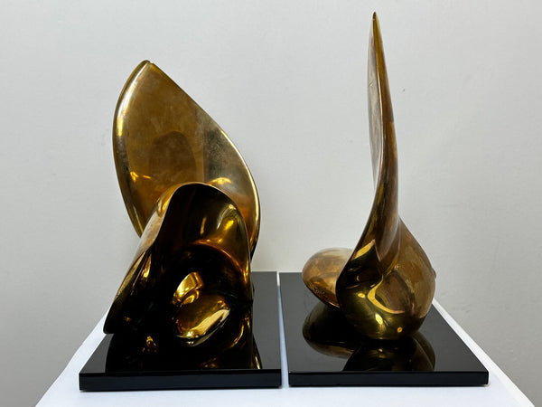 Pair American Abstract Gilt Bronze Small Swans Sculptures By Jack Zejac - Cheshire Antiques Consultant