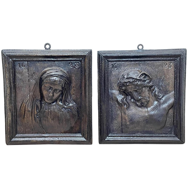 Pair Antique Belgium Religious Mary & Jesus Wall Plaster Plaque Sculptures - Cheshire Antiques Consultant