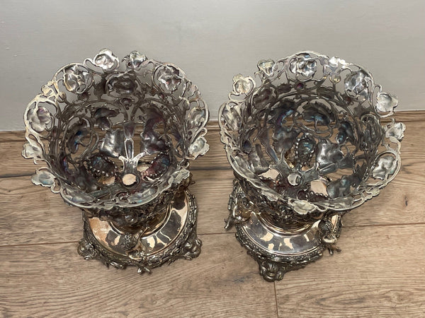 Pair Beautiful English Sheffield Silver Plate Wine Rock Crystal Lined Vases - Cheshire Antiques Consultant