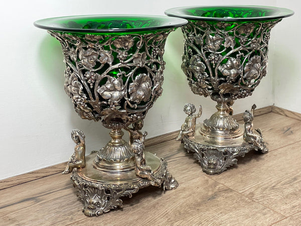 Pair Beautiful English Sheffield Silver Plate Wine Rock Crystal Lined Vases - Cheshire Antiques Consultant