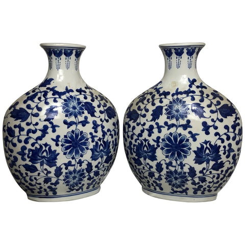 Pair Chinese Nanking Style Porcelain Blue & White Flask Vases - Cheshire Antiques Consultant