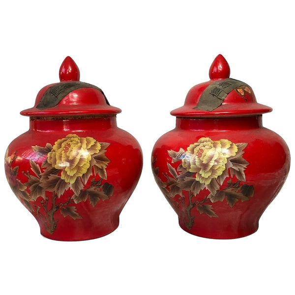 Pair Chinese Red Locust Butterfly Tea Caddy Ginger Jar Vases - Cheshire Antiques Consultant