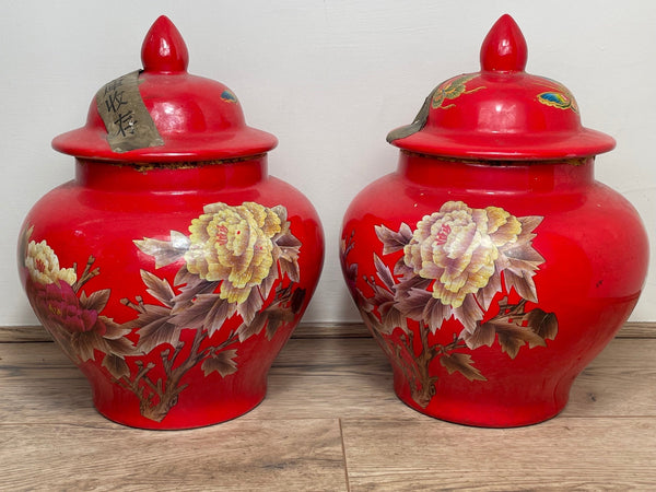 Pair Chinese Red Locust Butterfly Tea Caddy Ginger Jar Vases - Cheshire Antiques Consultant