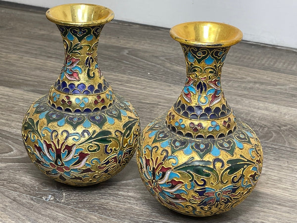 Pair Chinese Small Gilt Champleve Cloisonné Butterfly Vases - Cheshire Antiques Consultant