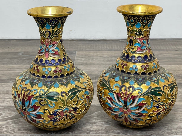 Pair Chinese Small Gilt Champleve Cloisonné Butterfly Vases - Cheshire Antiques Consultant