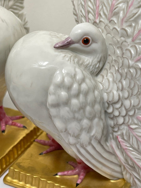 Pair Collectible Nymphenburg Porcelain Dove Peacock Tail Birds Figurines - Cheshire Antiques Consultant
