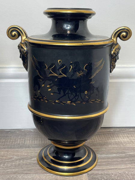 Pair Decorative Early Victorian Porcelain Black & Gold Zeus Vases - Cheshire Antiques Consultant