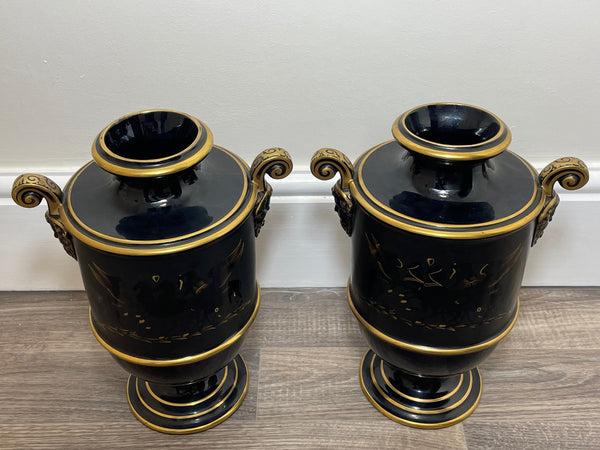 Pair Decorative Early Victorian Porcelain Black & Gold Zeus Vases - Cheshire Antiques Consultant