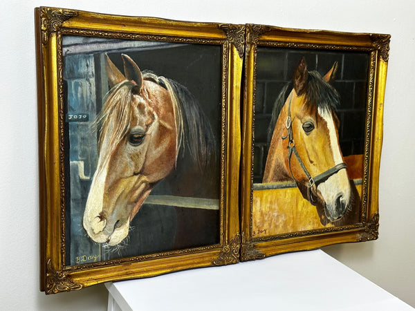 Pair Equine British Oil Paintings Thoroughbred Horses In Stable By B Day - Cheshire Antiques Consultant