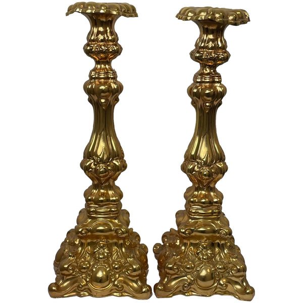 Pair French 19th Century Gilded Hallmarked Candlesticks With Wax Candles - Cheshire Antiques Consultant