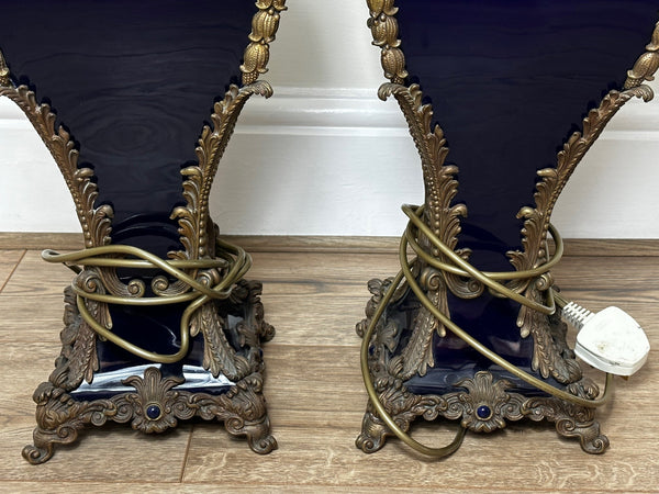 Pair French Large Rams Heavy Bronze Table Lamps With Pink Shades - Cheshire Antiques Consultant