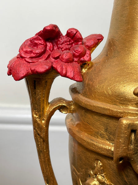Pair Hollywood Regency Style Gold & Red Rose Vase Sculptures - Cheshire Antiques Consultant