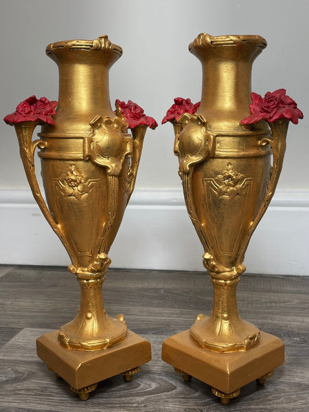 Pair Hollywood Regency Style Gold & Red Rose Vase Sculptures - Cheshire Antiques Consultant