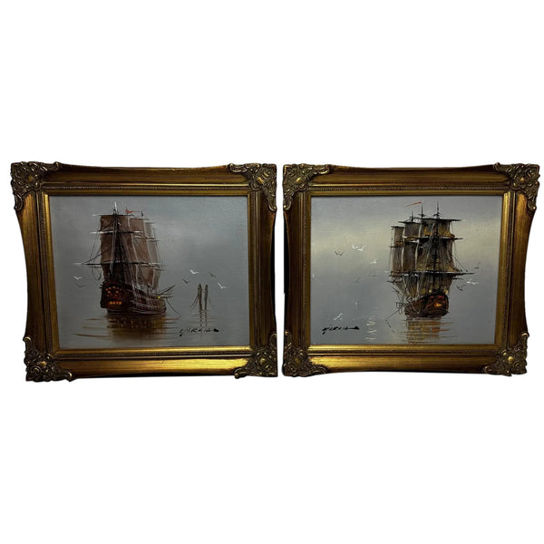 Pair Marine Paintings Galleon Ships Facing Left & Right Moored By Danny Garcia - Cheshire Antiques Consultant