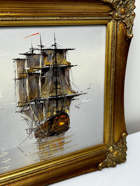 Pair Marine Paintings Galleon Ships Facing Left & Right Moored By Danny Garcia - Cheshire Antiques Consultant