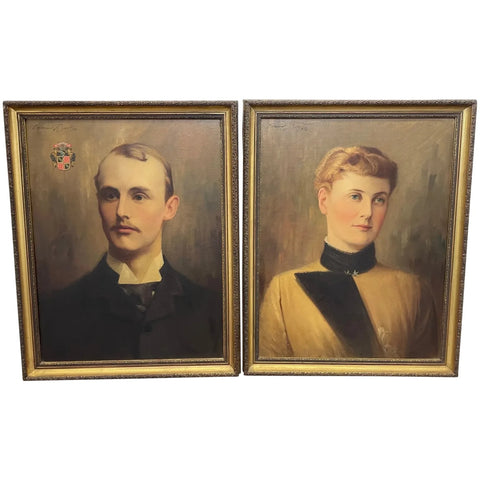 Pair Posthumous Oil Paintings Ernest Akroyd Kinnear & Wife Marcia Ellen Crosbie - Cheshire Antiques Consultant