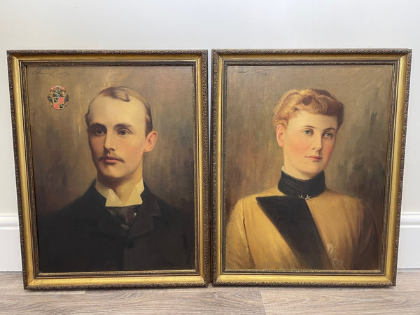 Pair Posthumous Oil Paintings Ernest Akroyd Kinnear & Wife Marcia Ellen Crosbie - Cheshire Antiques Consultant