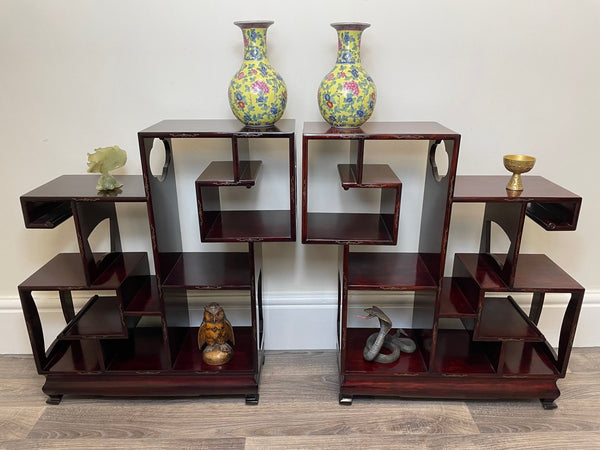 Pair Small Chinese Tiered Etagere Open Shelving Curio Stands - Cheshire Antiques Consultant