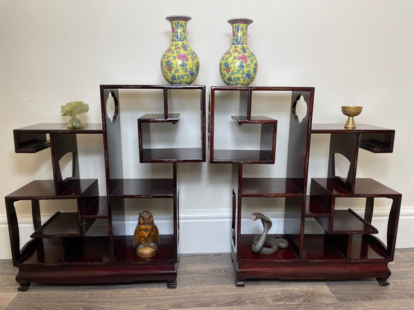 Pair Small Chinese Tiered Etagere Open Shelving Curio Stands - Cheshire Antiques Consultant