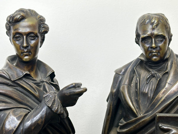 Pair Victorian Bronzes Novelist Poets Lord Byron & Sir Walter Scott Sculptures - Cheshire Antiques Consultant