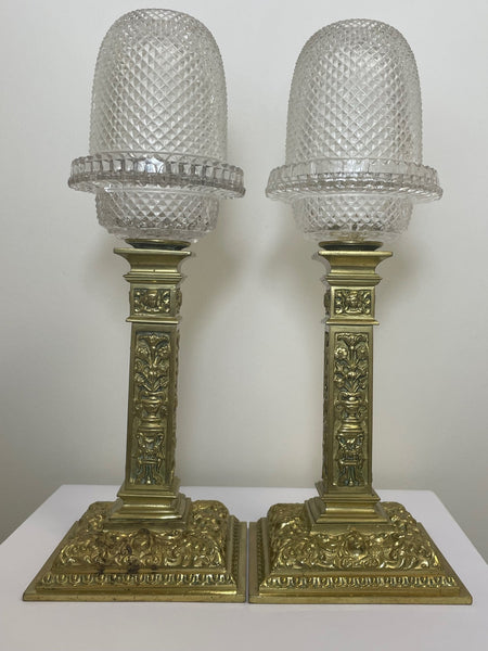 Pair Victorian Clarke's Cricklite Gilt Bronze Cut Glass Domed Shades Fairy Lamps - Cheshire Antiques Consultant