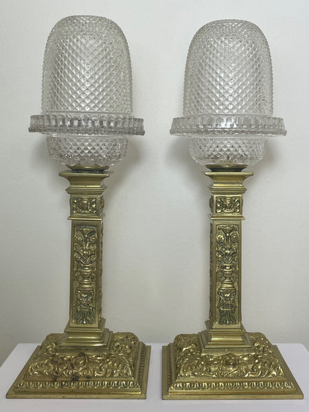Pair Victorian Clarke's Cricklite Gilt Bronze Cut Glass Domed Shades Fairy Lamps - Cheshire Antiques Consultant