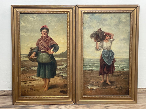 Pair Victorian Oil Paintings "Cockle Pickers" On The Shoreline - Cheshire Antiques Consultant