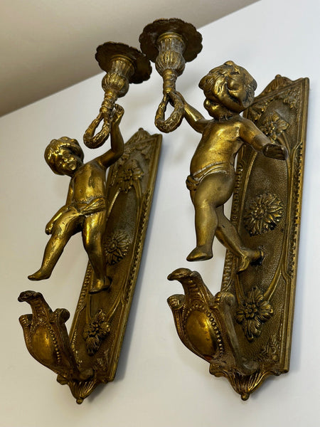 Pair Victorian Style French Cherub Heavy Brass Wall Fixture Candle Sconces - Cheshire Antiques Consultant