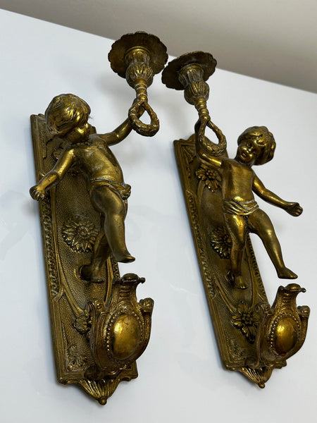 Pair Victorian Style French Cherub Heavy Brass Wall Fixture Candle Sconces - Cheshire Antiques Consultant