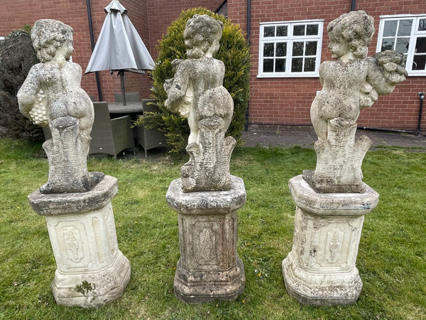 Set 3 Large Victorian Style Stone Changing Seasons Cherubs Plinths Garden Statues - Cheshire Antiques Consultant