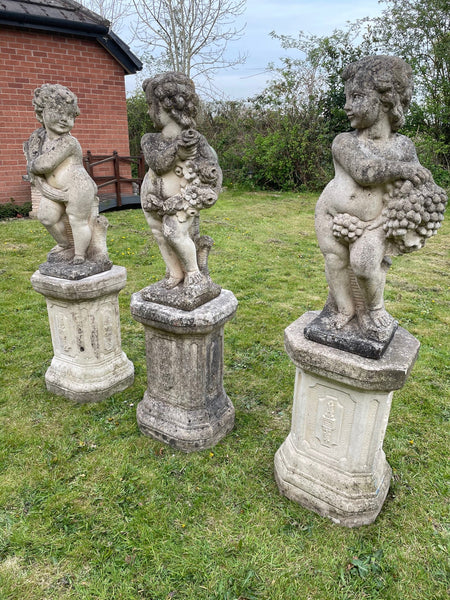 Set 3 Large Victorian Style Stone Changing Seasons Cherubs Plinths Garden Statues - Cheshire Antiques Consultant