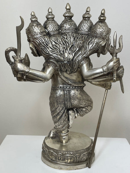 Silvered Bronze Hindu God Ganesha Deity Sculpture 10 Arms & 5 Faces - Cheshire Antiques Consultant