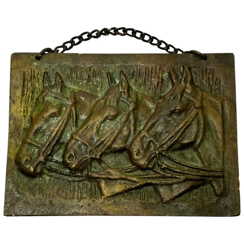 Small Art Deco Bronze 3 Bay Hunter Equine Horses Together Wall Sculpture - Cheshire Antiques Consultant