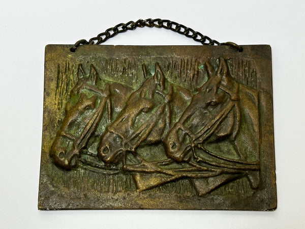 Small Art Deco Bronze 3 Bay Hunter Equine Horses Together Wall Sculpture - Cheshire Antiques Consultant