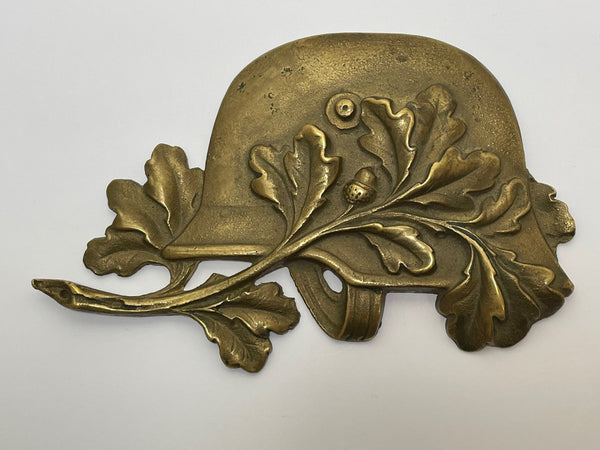 Small Military WW2 Brass Plaque Form German Helmet With Oak Leaves - Cheshire Antiques Consultant