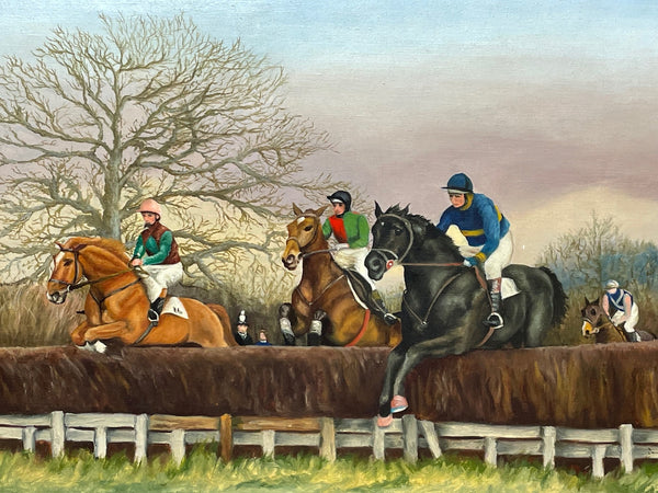 Sporting Equine Art English Oil Painting Horse & Jockeys Jumping Fence Racing - Cheshire Antiques Consultant