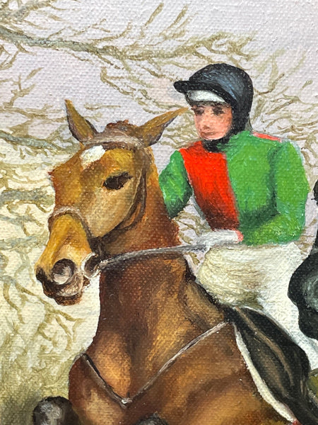 Sporting Equine Art English Oil Painting Horse & Jockeys Jumping Fence Racing - Cheshire Antiques Consultant
